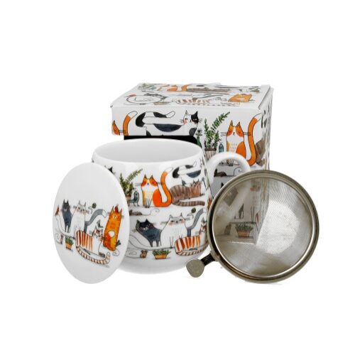 Porcelánbögre tetővel,fémszűrővel,430ml,dobozban,Lazy Cats