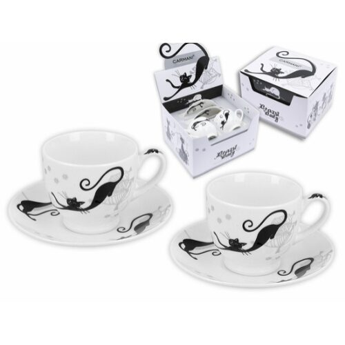 Porceláncsésze+ alj, 100ml, 2 személyes szett, fekete macskás -lusták