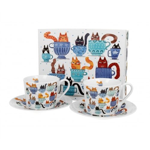Porceláncsésze+alj, 230ml, 2 személyes, dobozban, Teacup Cats