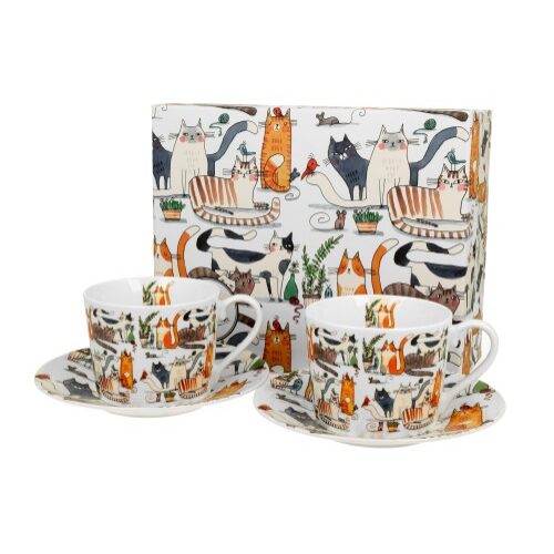 Porceláncsésze+alj,230ml,2 személyes,dobozban,Lazy Cats