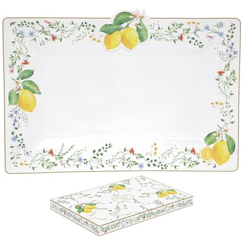 Porcelántálca 36x24cm, dobozban, Fleurs et Citrons