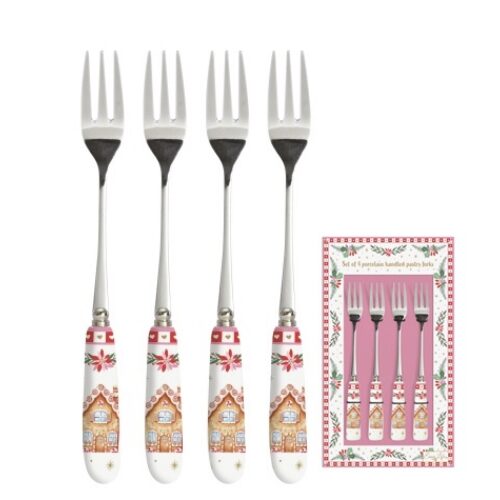 Rozsdamentes süteményes villaszett 4 db-os, porcelánnyéllel, Sweet Christmas
