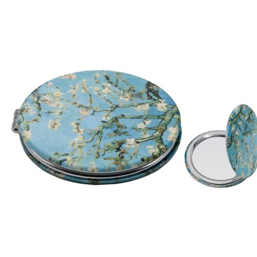 Textilbevonatú zsebtükör 7cm, nagyítós tükörrel, Van Gogh:Mandulavirágzás