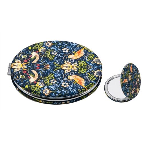 Textilbevonatú zsebtükör 7cm, nagyítós tükörrel, William Morris:Strawberry Thief