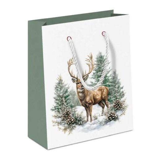 Papír ajándéktáska, Winter stag white, 22x13x25cm