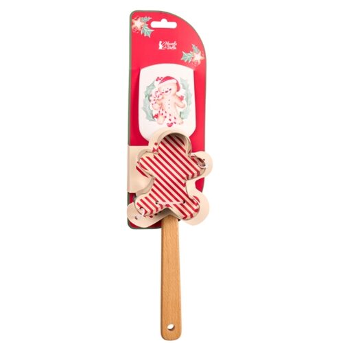 Ajándékszett, Delicious Christmas, mézike cukorbottal, szilikonspatula fanyéllel és fém sütiformázó, spatula 32,3x6x1,3cm, sütiformázó 7x9,5x2cm