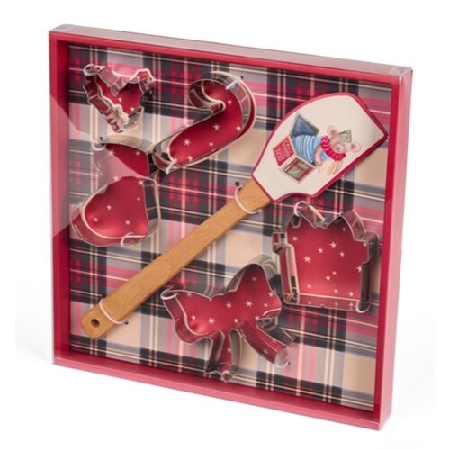 Ajándékszett, Vintage Toys, szilikonspatula fanyéllel és 5db fém sütiformázó, spatula 32x6x1cm, sütiformázók 5-9cm