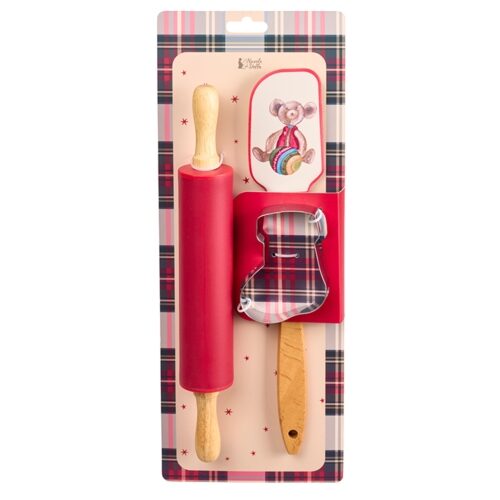 Ajándékszett, Vintage Toys, szilikonspatula fanyéllel, szilikon-fa nyújtófa és fém sütiformázó, spatula 32,3x6x1,3cm, nyújtófa 30x4,2cm, sütiformázó 7x9x2cm