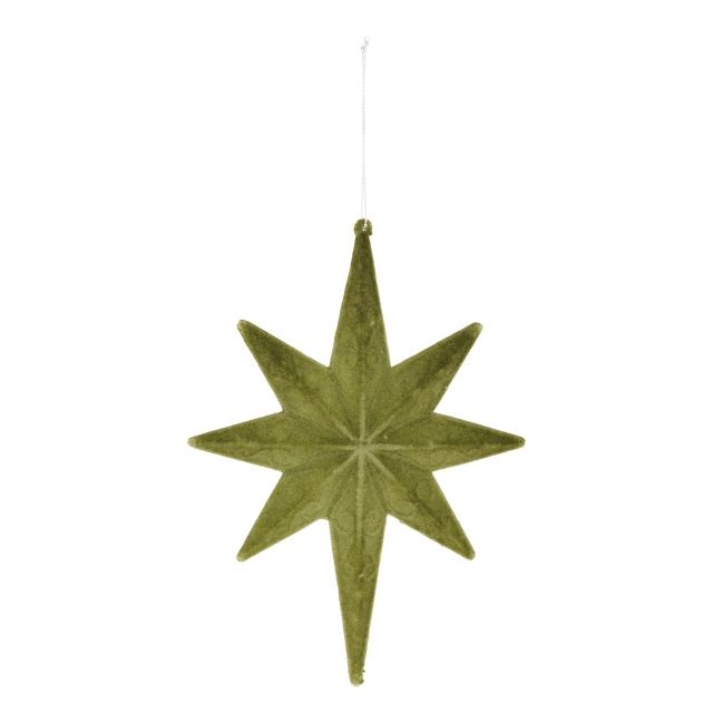 Csillag 8 ágú flokkolt, akasztós műanyag 20,3 cm olívazöld