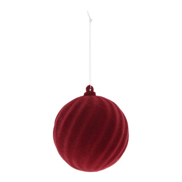 Gömb csavart, flokkolt, akasztós műanyag 8 cm bordó