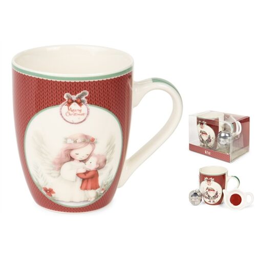 Porcelánbögre fém teatojással, Magic Noel 2, piros kötött, angyalos, 350ml