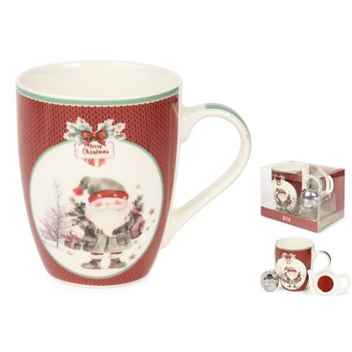 Porcelánbögre fém teatojással, Magic Noel 2, piros kötött, télapós, 350ml