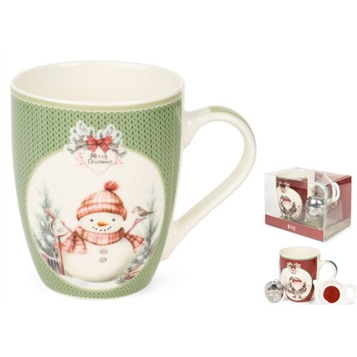 Porcelánbögre fém teatojással, Magic Noel 2, zöld kötött, hóemberes, 350ml