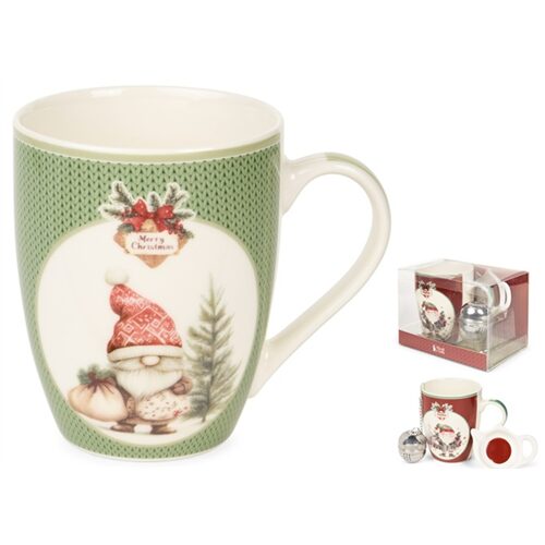 Porcelánbögre fém teatojással, Magic Noel 2, zöld kötött, manós, 350ml