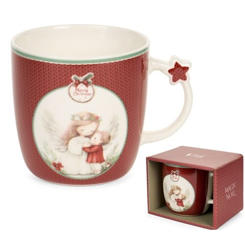 Porcelánbögre, Magic Noel 2, piros kötött, angyalos, 360ml