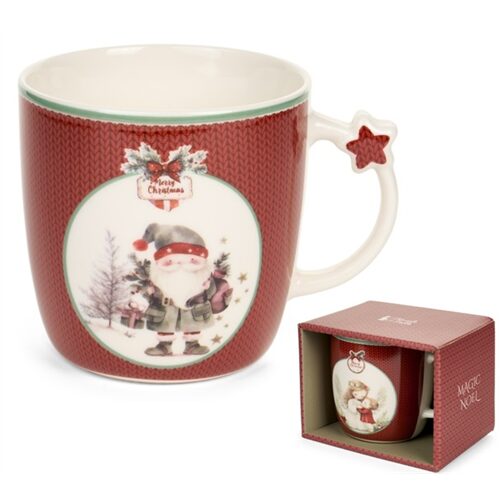 Porcelánbögre, Magic Noel 2, piros kötött, télapós, 360ml