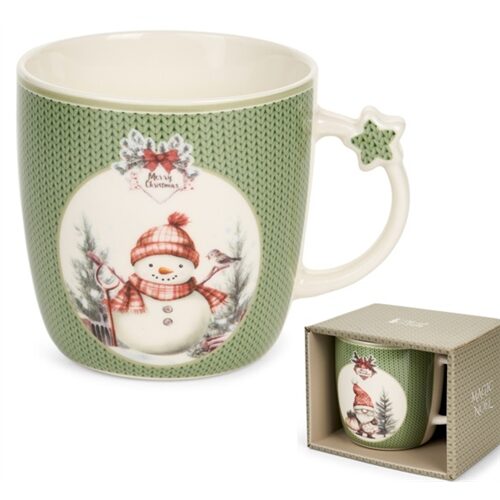 Porcelánbögre, Magic Noel 2, zöld kötött, hóemberes, 360ml