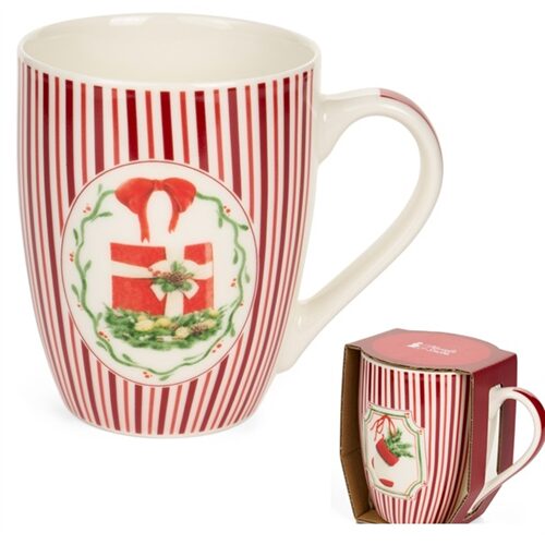 Porcelánbögre, Magic Noel, piros csíkos, csomagos, 350ml