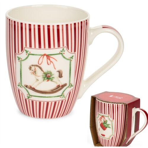 Porcelánbögre, Magic Noel, piros csíkos, hintalovas, 350ml
