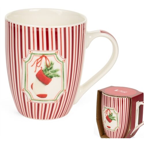 Porcelánbögre, Magic Noel, piros csíkos, zoknis, 350ml