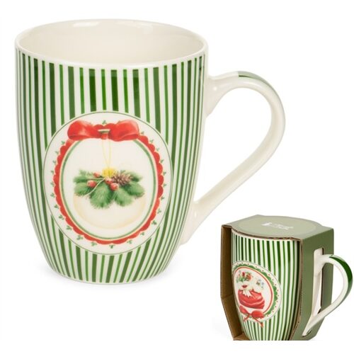 Porcelánbögre, Magic Noel, zöld csíkos, fenyőágas, 350ml