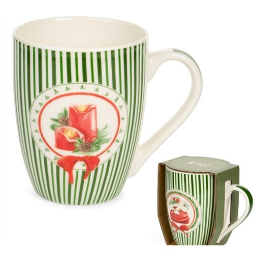 Porcelánbögre, Magic Noel, zöld csíkos, gyertyás, 350ml