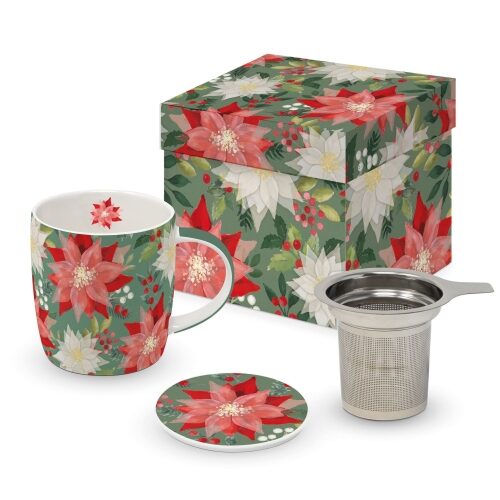 Porcelánbögre tetővel és fémszűrővel, Merry Poinsettia, 0,35l
