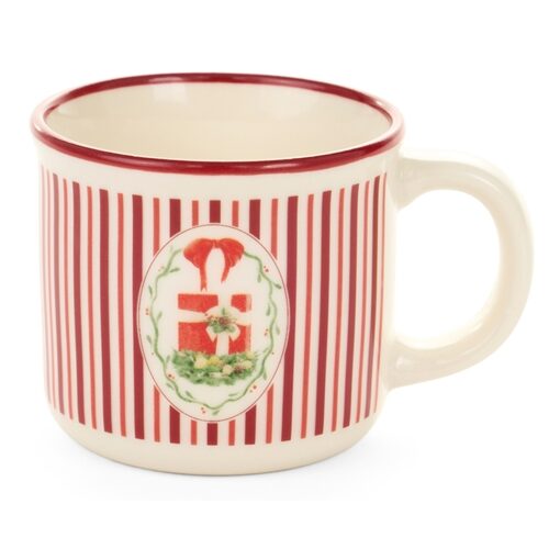 Presszós porcelánbögre, Magic Noel, piros csíkos, csomagos, 100ml
