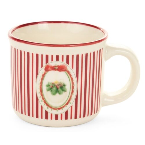 Presszós porcelánbögre, Magic Noel, piros csíkos, fenyőágas, 100ml