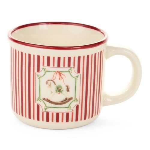 Presszós porcelánbögre, Magic Noel, piros csíkos, hintalovas, 100ml
