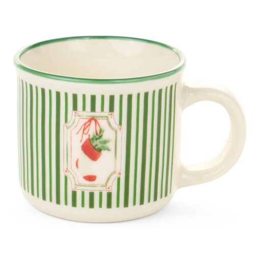 Presszós porcelánbögre, Magic Noel, zöld csíkos, zoknis, 100ml